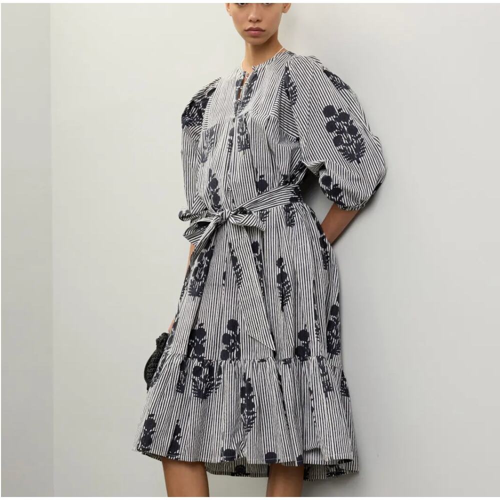 SZ Blockprints Navy Blue Midi Dress MEDIUM Cotton Cottage Strip Puff Sleeve $358